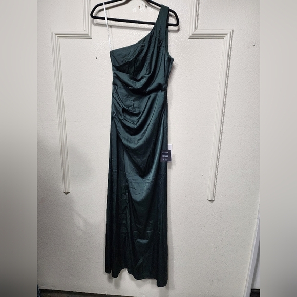 Lulus Dreaming of Elegance Emerald Satin One-Shoulder Maxi Dress S Wedding Party - Picture 6 of 9